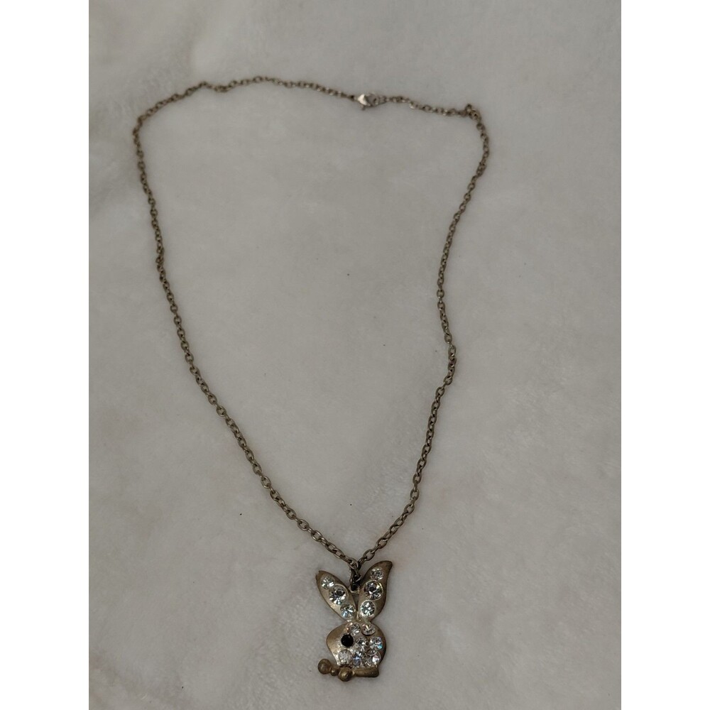Playboy Bunny rhinestone Necklace on Silver toned chain 16" to 18" adjustable